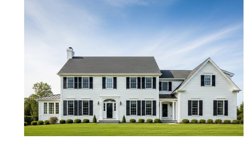 Traditional colonial home with side gable roof featuring white clapboard siding and black shutters against blue sky