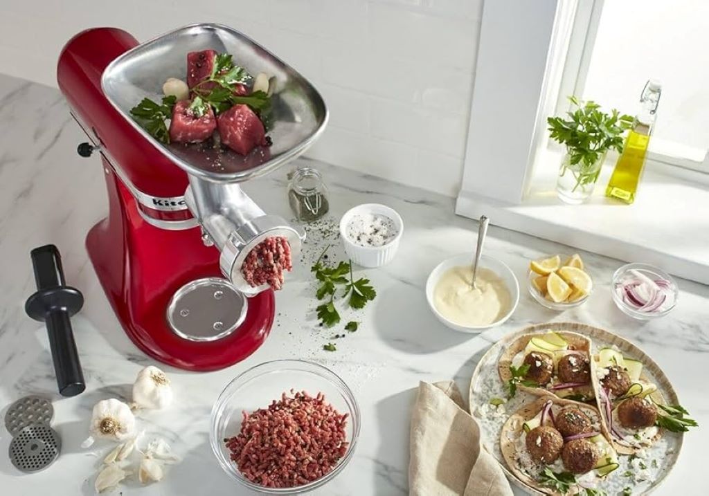 KitchenAid meat grinder attachment producing fresh ground meat.