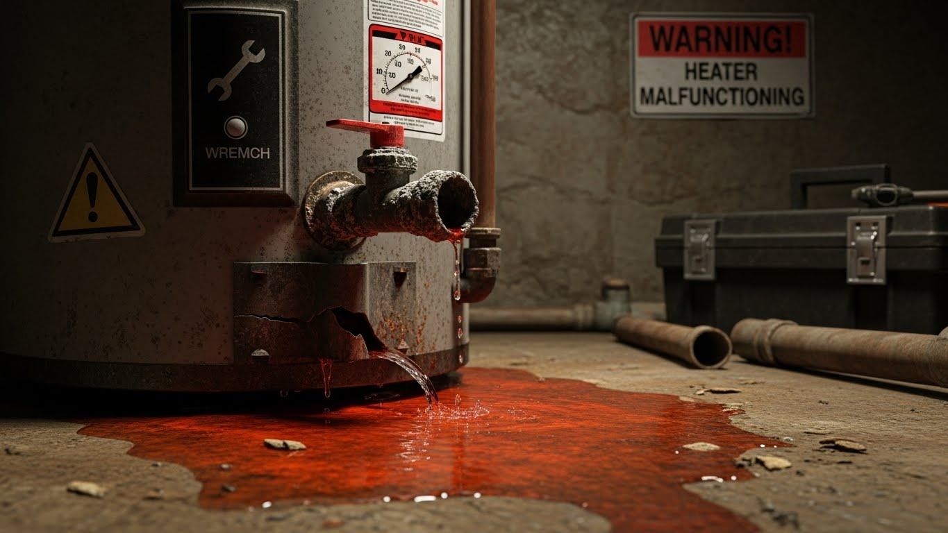 Water heater leaking from bottom showing urgent repair signs