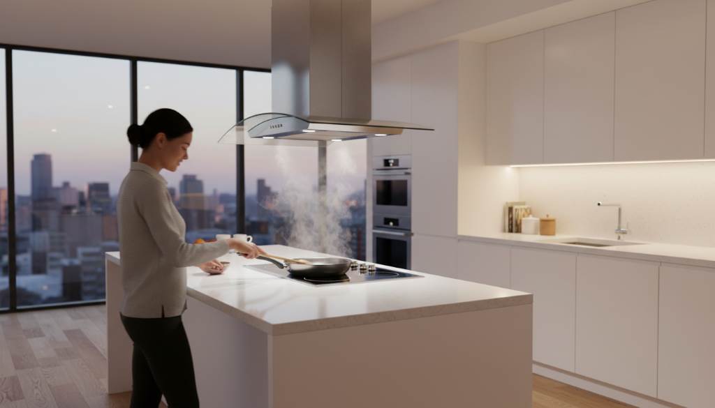 Sleek stainless steel island range hood ventilating open modern kitchen during cooking