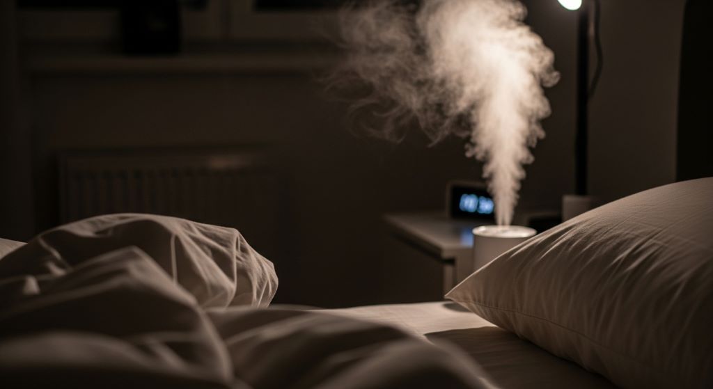 Close-up of ultrasonic humidifier mist dispersion in dark bedroom with peaceful sleeping environment and comfortable bedding visible