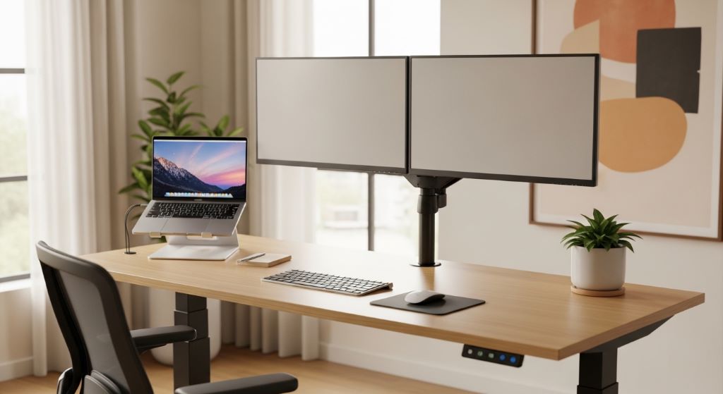 adjustable height desk with dual monitor workspace