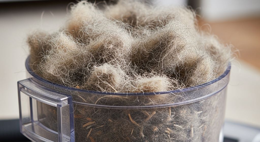 Close-up of a bagless vacuum dustbin filled with pet hair after cleaning a carpeted floor in a home with cats and dogs