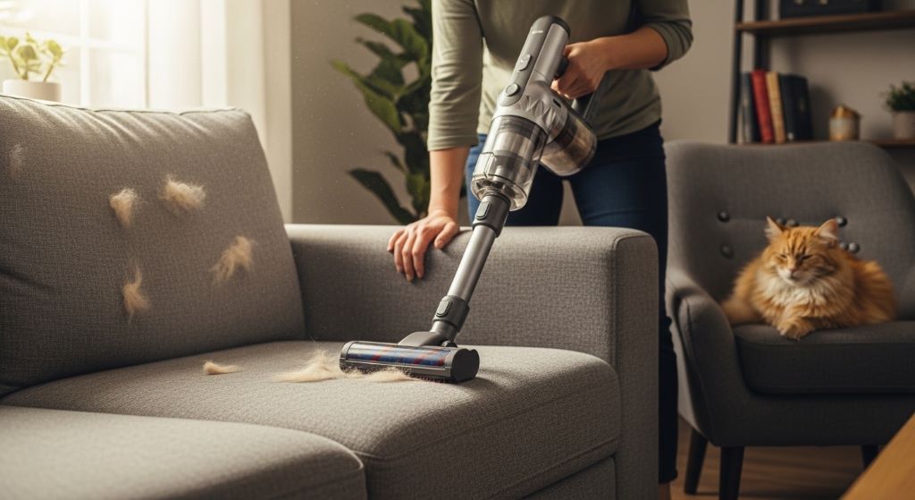A person using a vacuum with a motorized pet brush attachment to clean cat fur from a gray fabric sofa