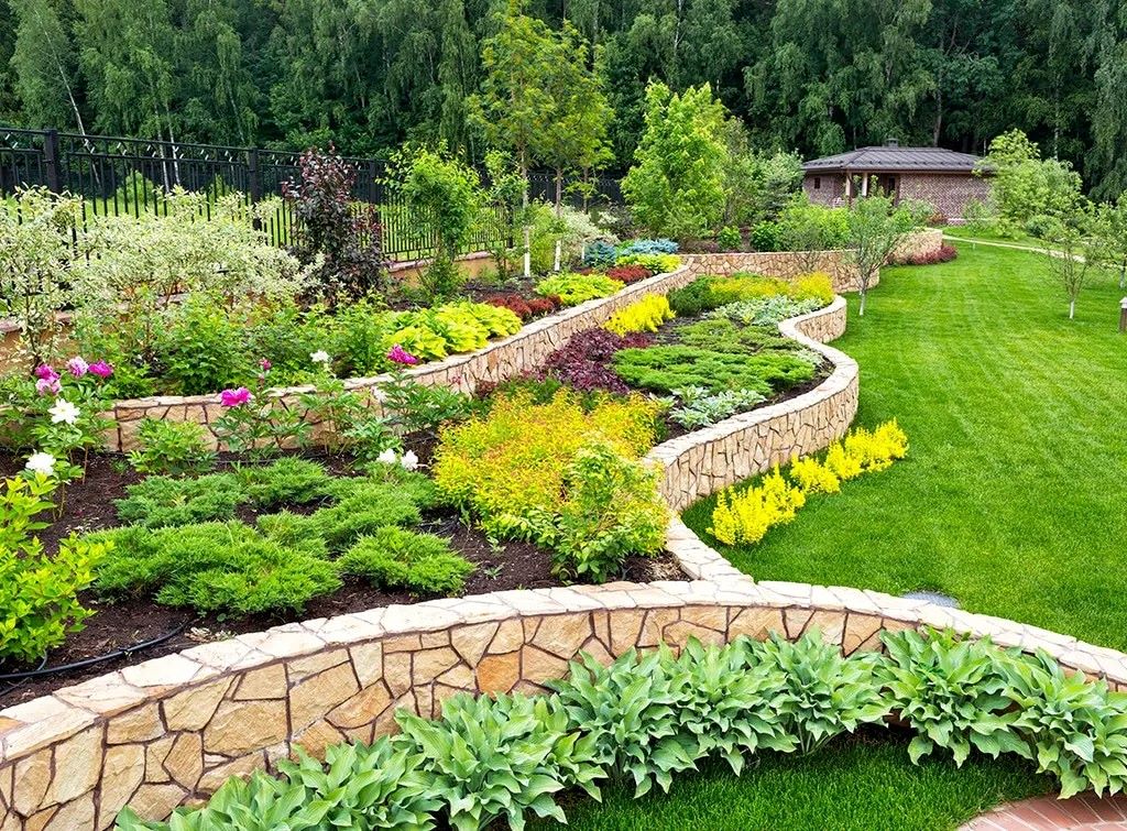 Low-maintenance home garden with easy-care plants, mulch, and neat pathways