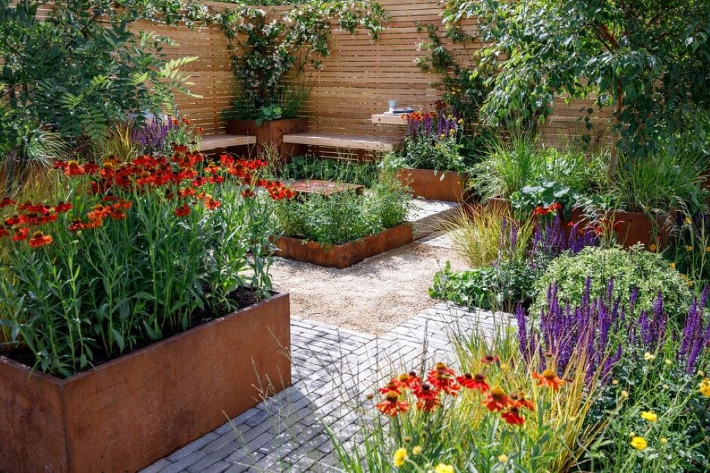 Small home garden with raised beds and low-care greenery for easy upkeep