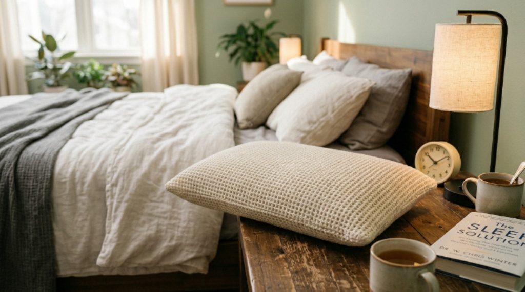 Close-up of a breathable flat pillow with an open-weave cotton cover on a bedroom nightstand