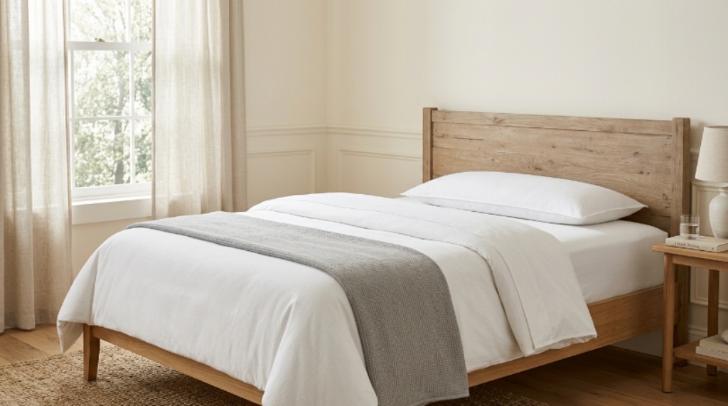 A low-profile flat pillow on a neatly made bed with white bedding and soft natural lighting