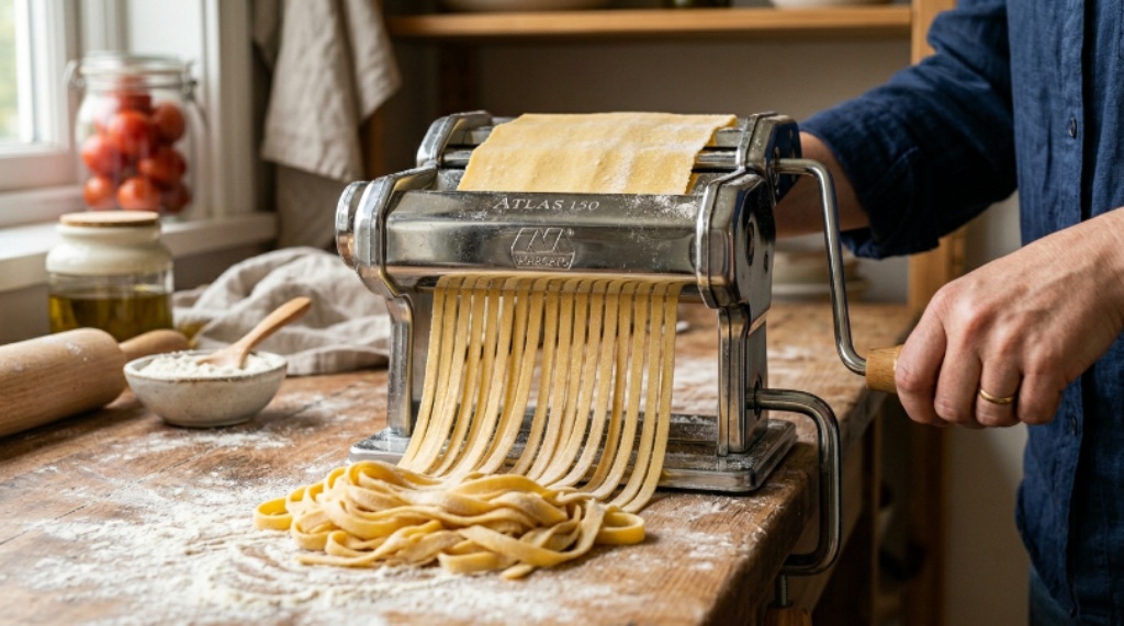 Close-up of an easy pasta maker producing long strands of fresh fettuccine at home