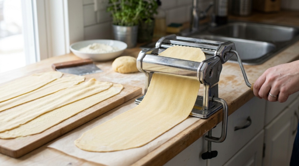 A beginner pasta roller clamped to a kitchen counter with freshly rolled pasta dough sheets