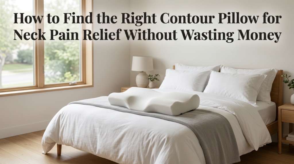Ergonomic contour pillow on a bed with article title overlay for neck pain relief guide