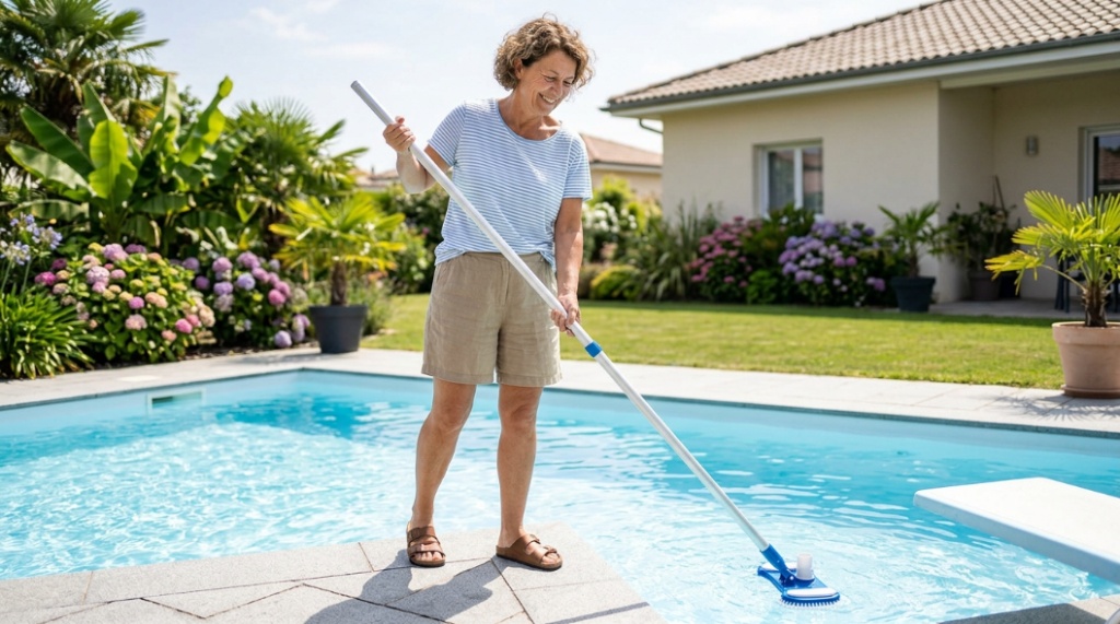 Step-by-step pool cleaning routine with brushing and vacuuming
