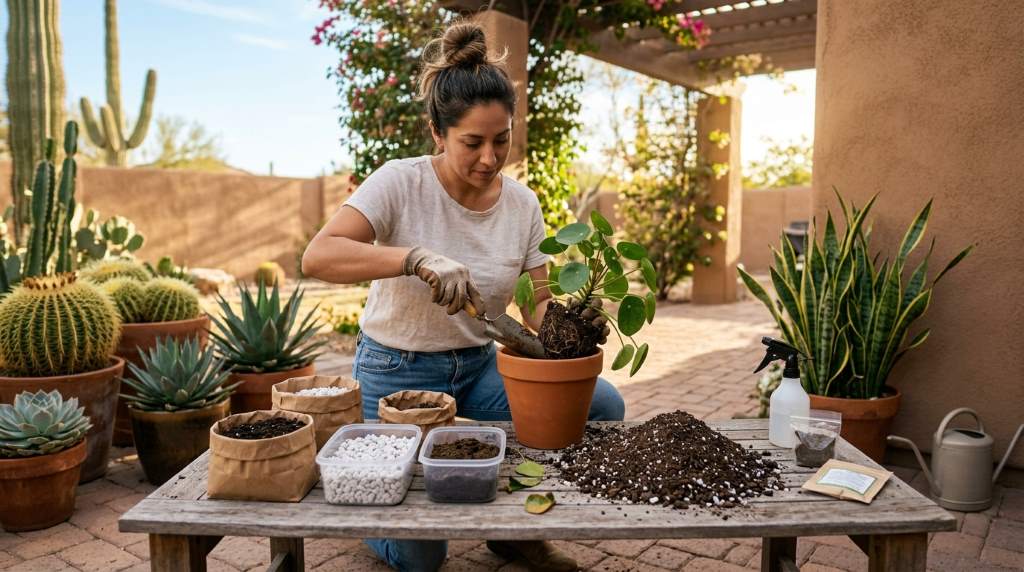 Healthy indoor plants growing in breathable repotting soil near sunny Phoenix windows