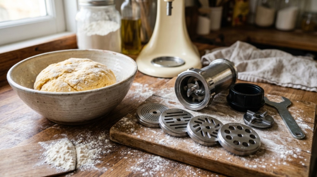Close-up of electric pasta maker dies and attachments laid out beside a bowl of fresh homemade pasta dough
