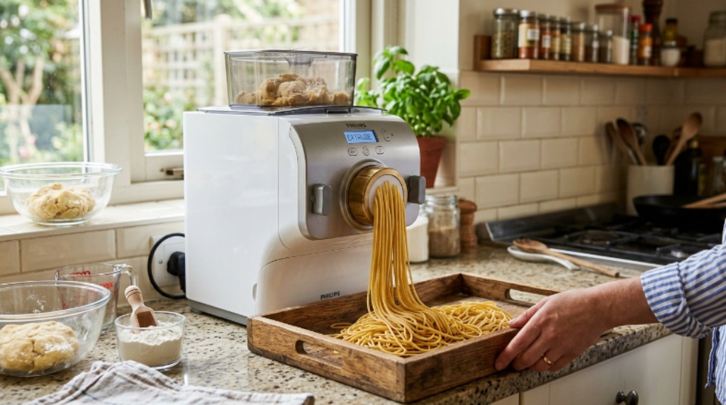 Compact electric pasta maker sitting on a small kitchen countertop extruding fresh spaghetti into a wooden tray