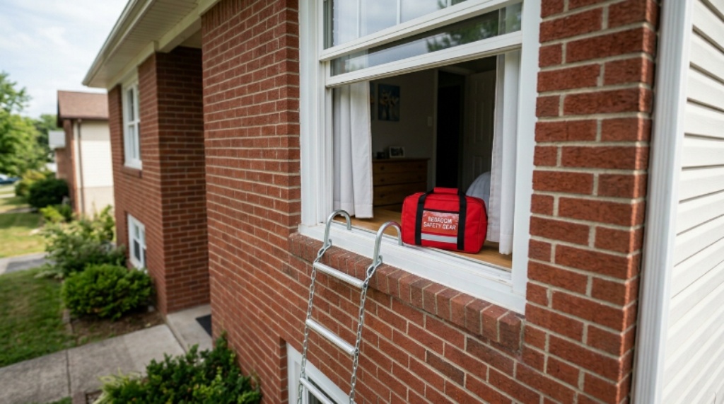 A foldable window escape ladder hooked over a second-floor windowsill next to a small bag of bedroom safety gear