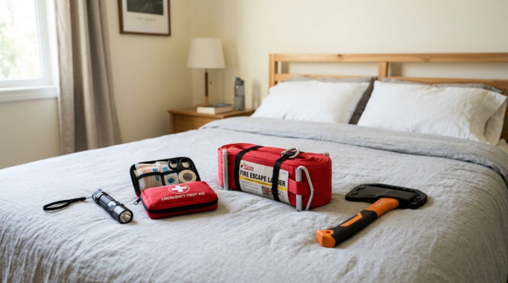 A compact bedroom emergency kit laid out on a bed including a flashlight, first aid pouch, escape ladder, and small axe with blade guard
