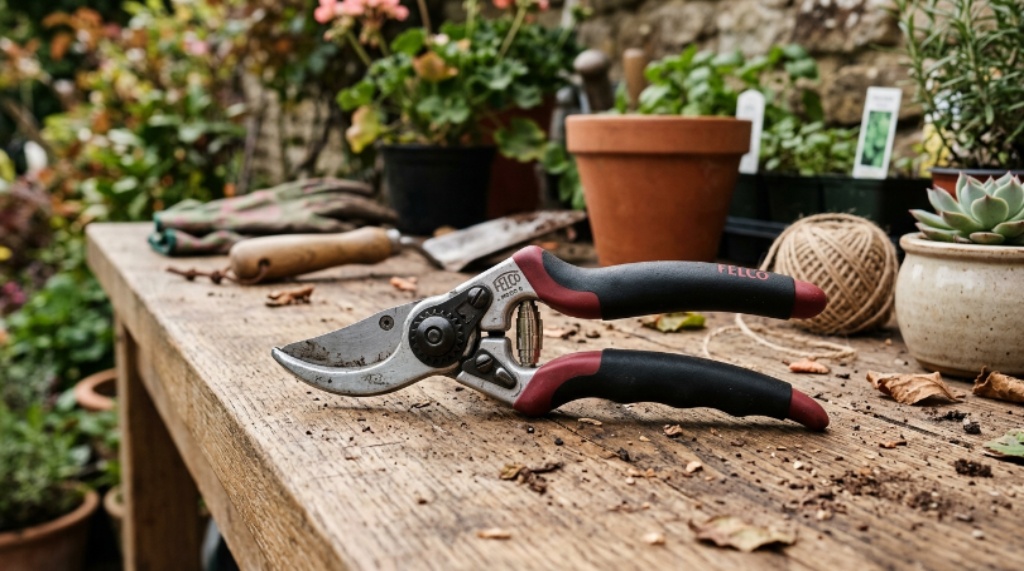 A pair of heavy duty bypass pruning shears cutting through a thick woody branch in a garden