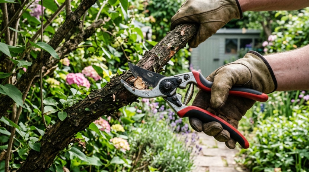 A pair of heavy duty bypass pruning shears cutting through a thick woody branch in a garden