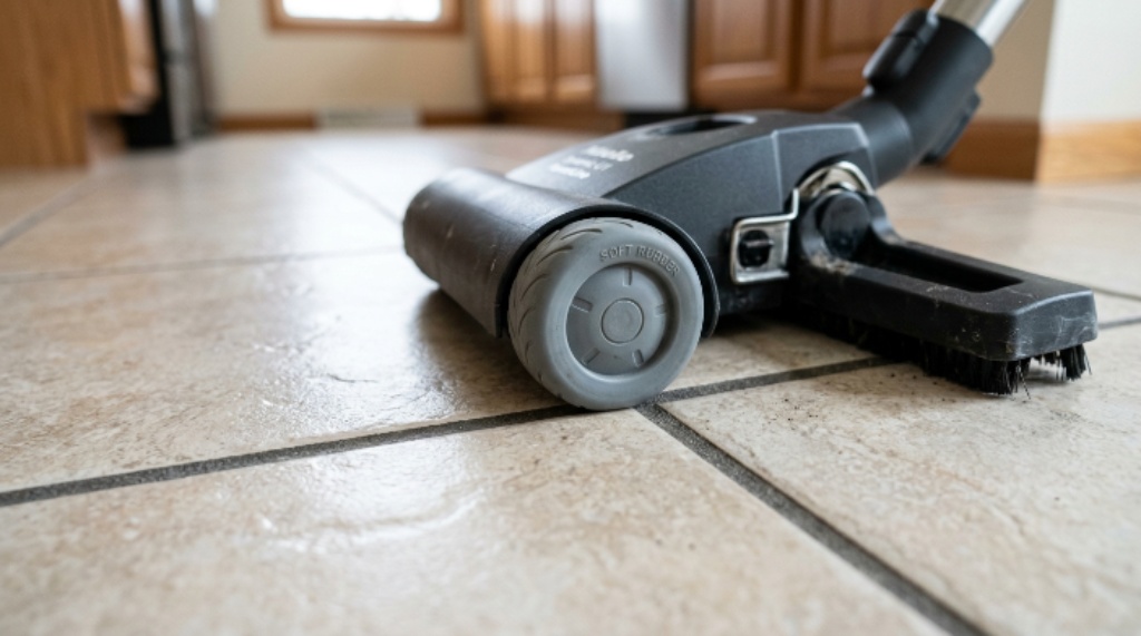 Close-up of a vacuum cleaner with soft rubber wheels gliding over tile floor grout without causing damage