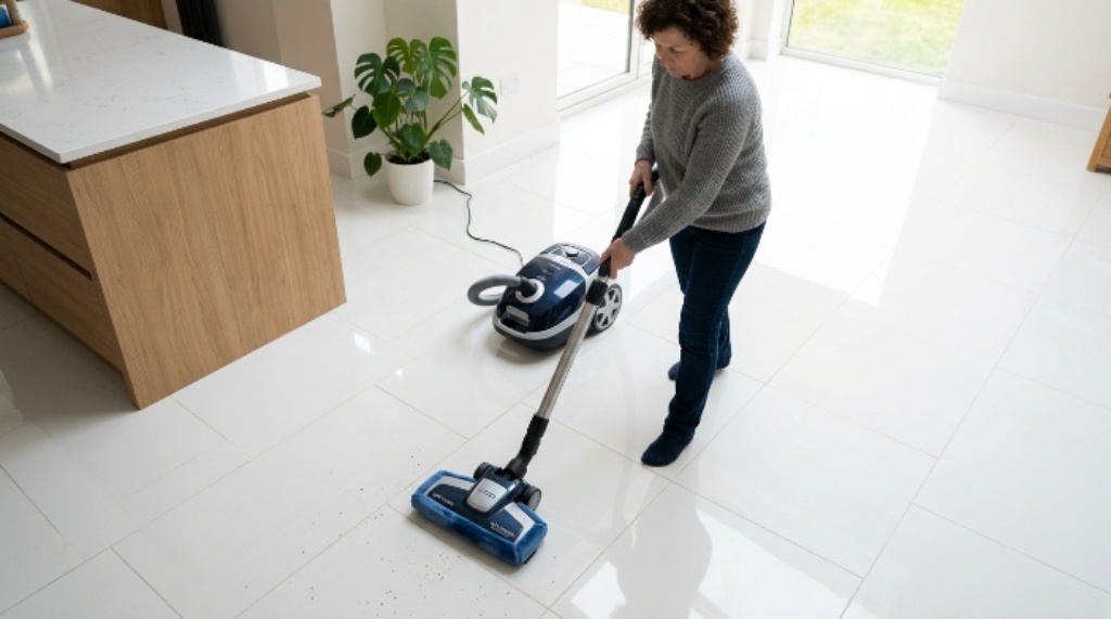 A person using an anti-scratch vacuum cleaner on white ceramic tile floors with clean grout lines