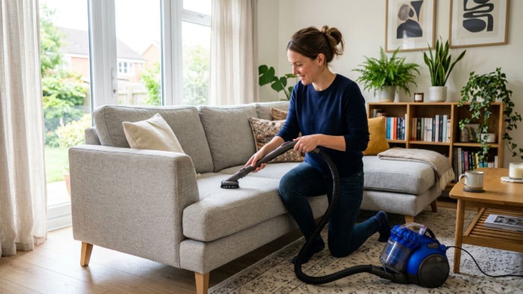 A person using a vacuum cleaner with an upholstery attachment to deep clean a light grey fabric sofa in a bright living room