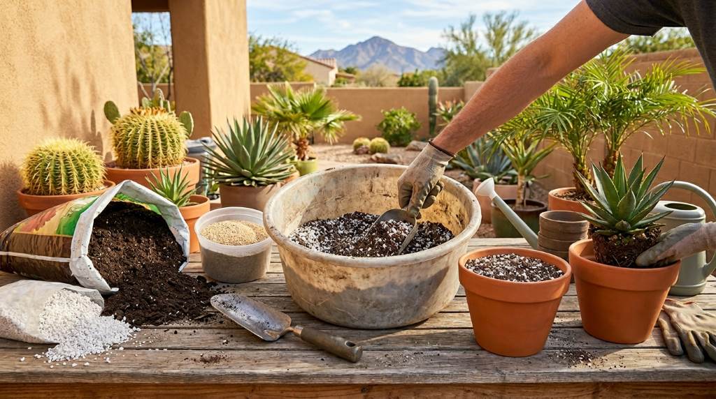 Indoor tropical plants in chunky repotting soil mix inside a Phoenix Arizona home