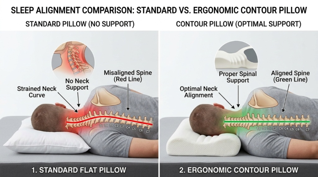Diagram comparing spinal alignment on a standard pillow versus a supportive contour pillow.