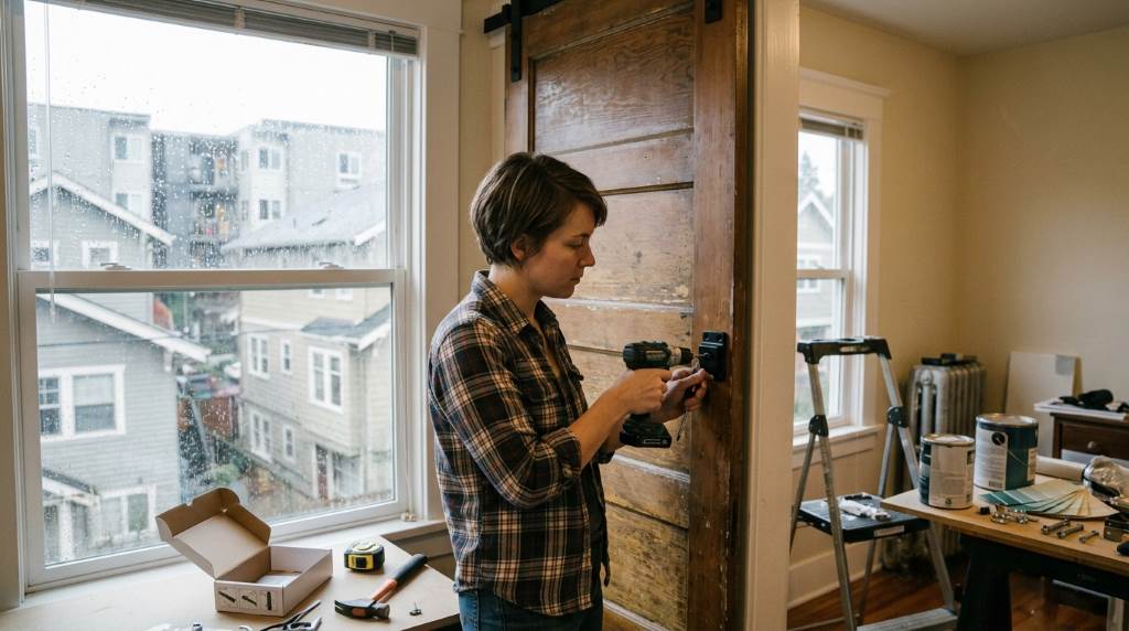 Portland apartment resident using tools to fix a stuck bedroom privacy lock
