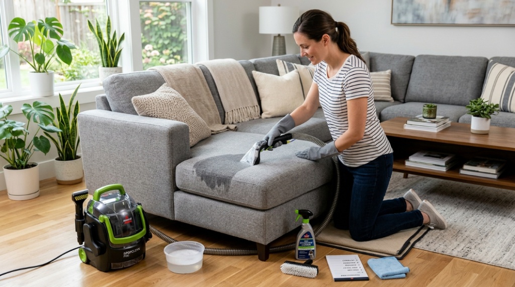 deep cleaning fabric sofa at home using brush and cleaner