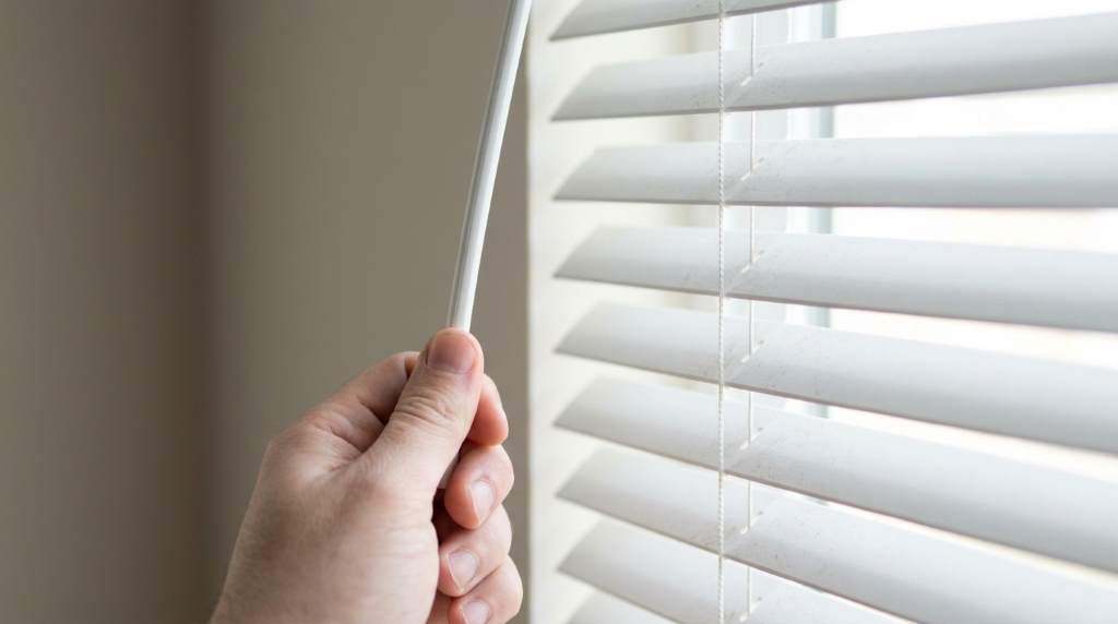 Homeowner inspecting malfunctioning window coverings in Tampa