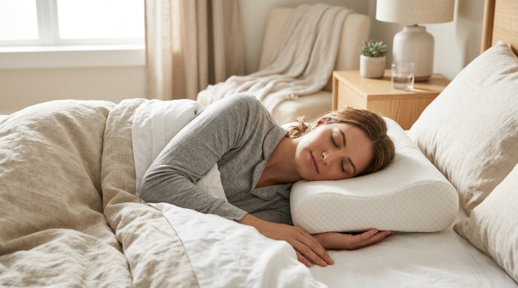 Person sleeping peacefully using a supportive cervical pillow for shoulder pain.