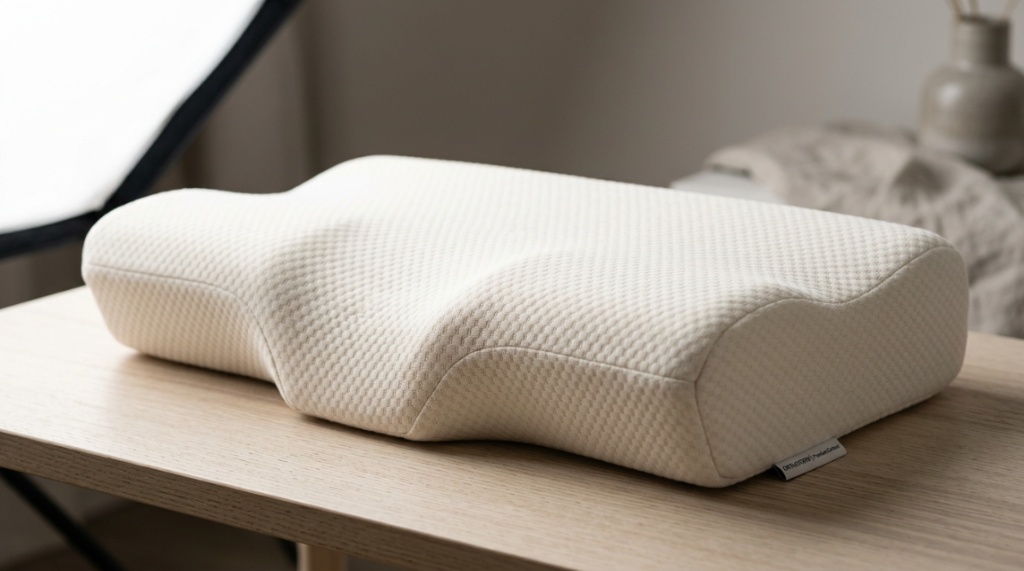 Close-up of contoured memory foam cervical pillow for neck support.