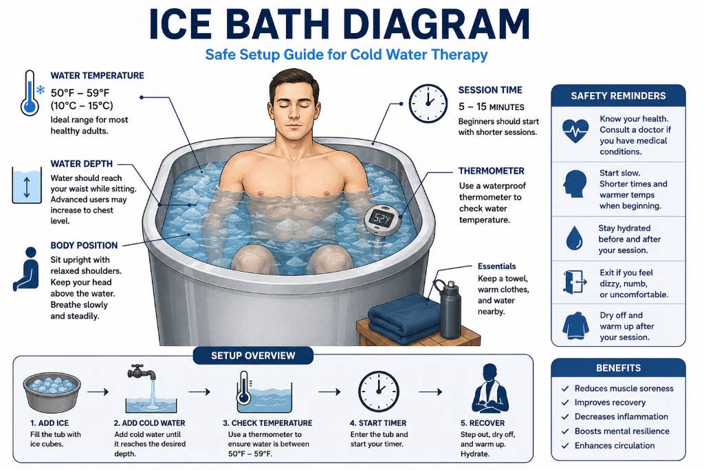 Ice bath diagram showing proper body position and water level