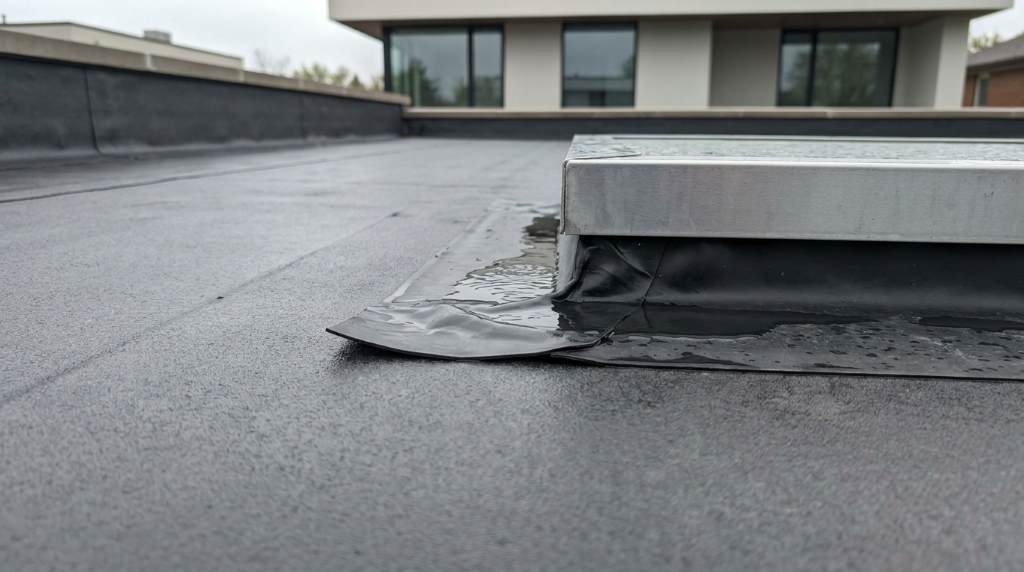 Low slope roof with standing water after Houston rainfall