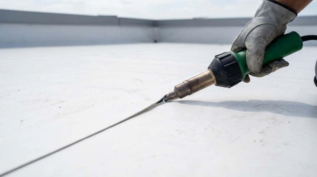 Roofing professional inspecting low slope roof membrane