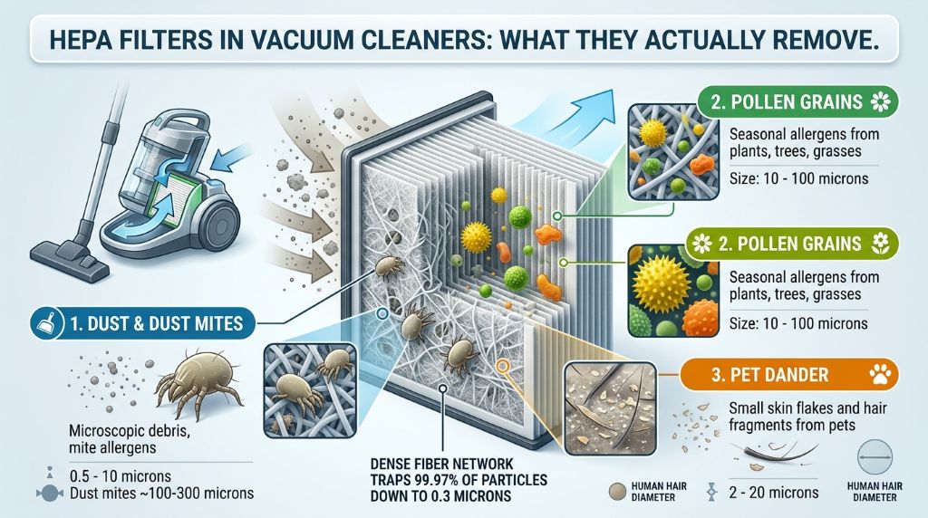 HEPA filtration for dust, pollen, and pet dander