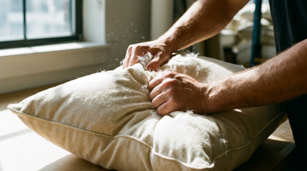 Hands fluffing a square pillow insert to demonstrate firmness and loft.