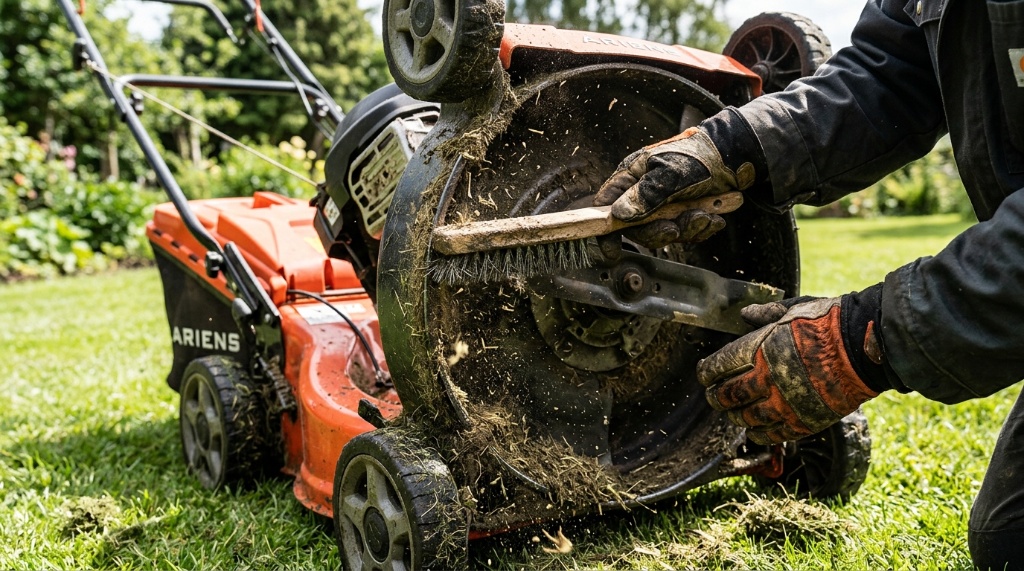 Hands cleaning grass clippings from the mower deck outdoors.