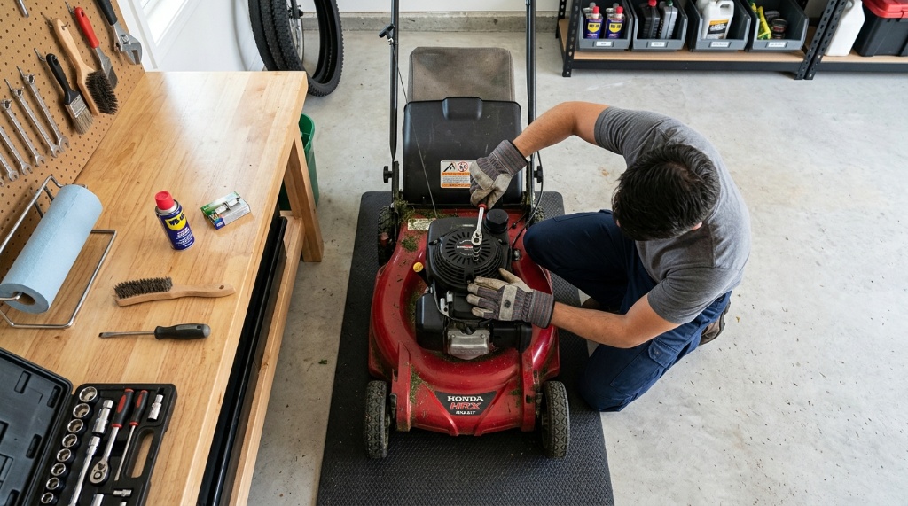Person wearing gloves performing routine lawn mower maintenance in a garage.