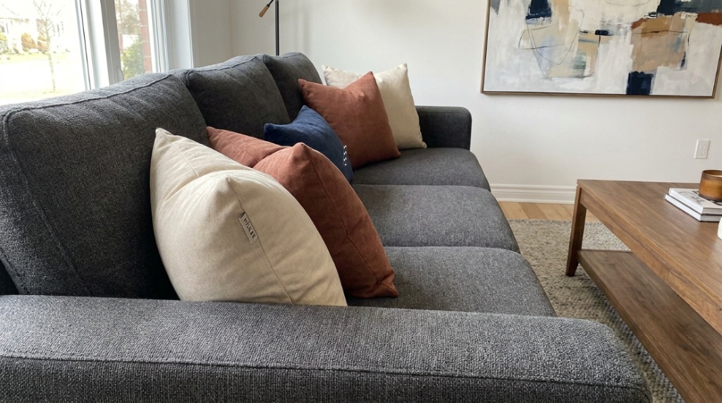 Plush square throw pillows with fluffy inserts arranged on a modern sofa.