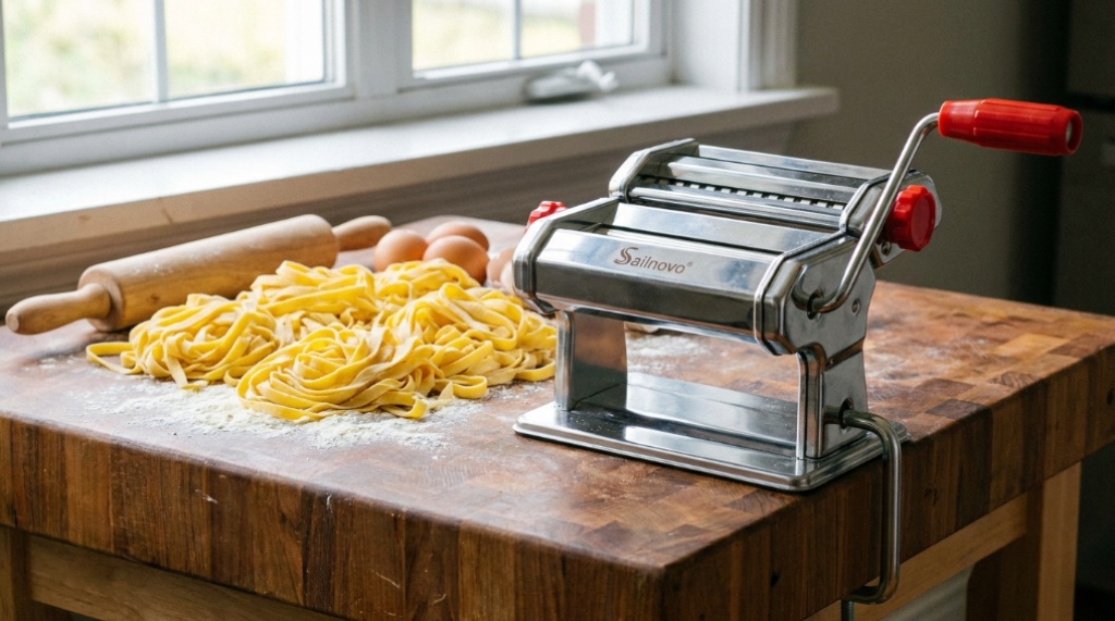 Sailnovo aluminum pasta maker on a wooden countertop with fresh fettuccine.