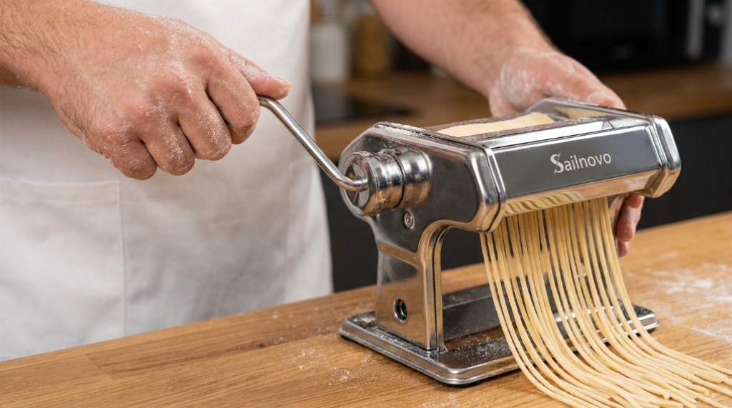 Hands cranking the handle of a Sailnovo pasta machine to cut dough.